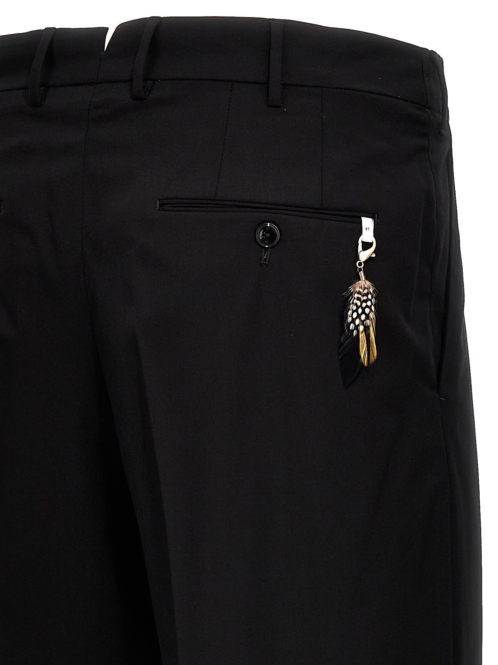 Trousers by PT Torino for men in virgin wool & polyamide black features an sartorial silhouette, showcasing a precise and long with a sartorial for a refined look.
