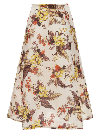 Skirt by Zimmermann for women in linen & silk multicolor, floral & print features an relaxed-yet-refined silhouette that elegantly showcases the Women's Linen & Silk Midi Skirt design and sophisticated midi.