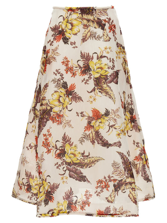 Skirt by Zimmermann for women in linen & silk multicolor, floral & print features an relaxed-yet-refined silhouette that elegantly showcases the Women's Linen & Silk Midi Skirt design and sophisticated midi.