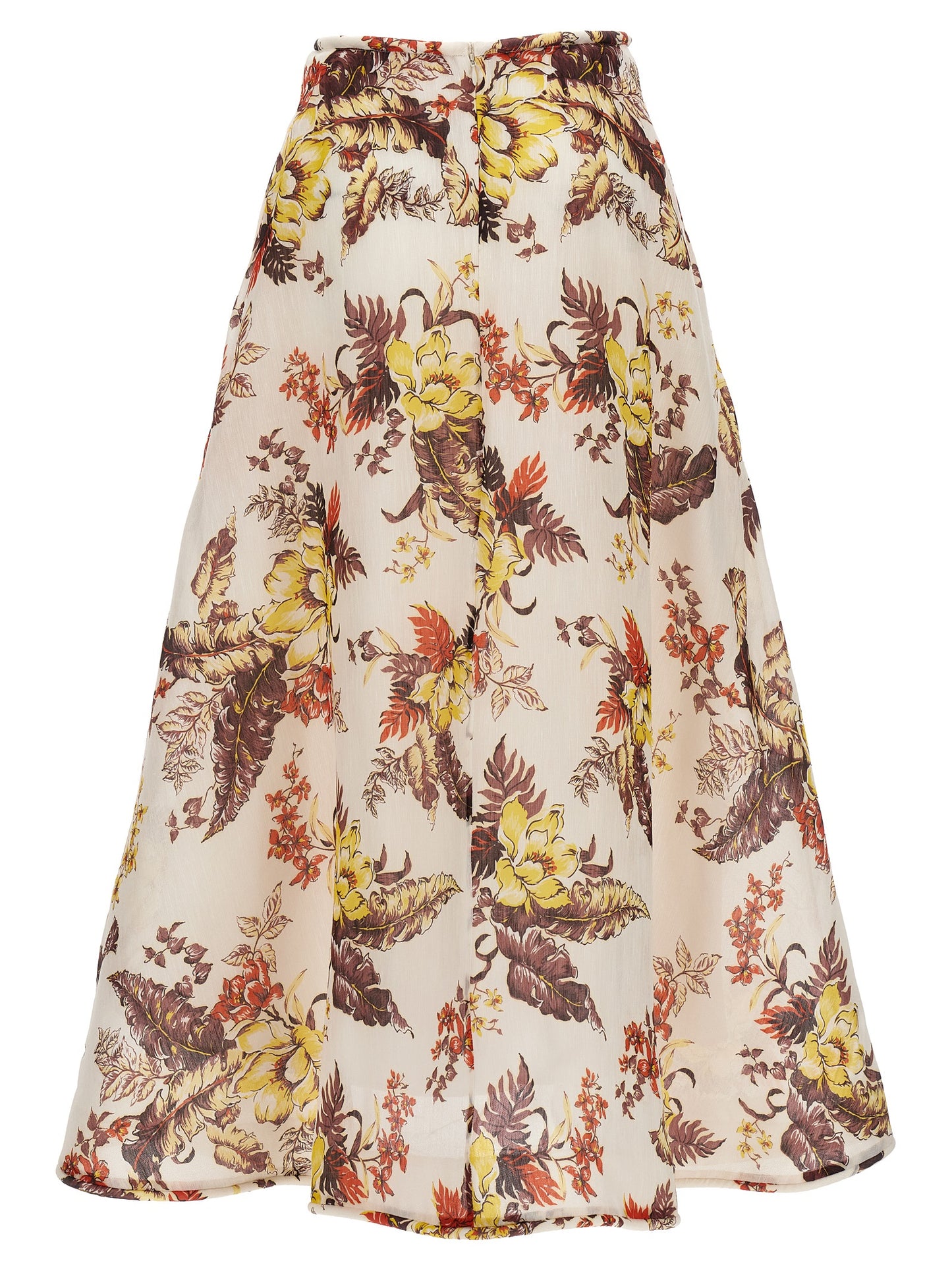 Skirt by Zimmermann for women in linen & silk multicolor, floral & print showcases a sultry silhouette, elegantly defined by its midi and the sophisticated sultry design of the Women's Linen & Silk Midi Skirt.