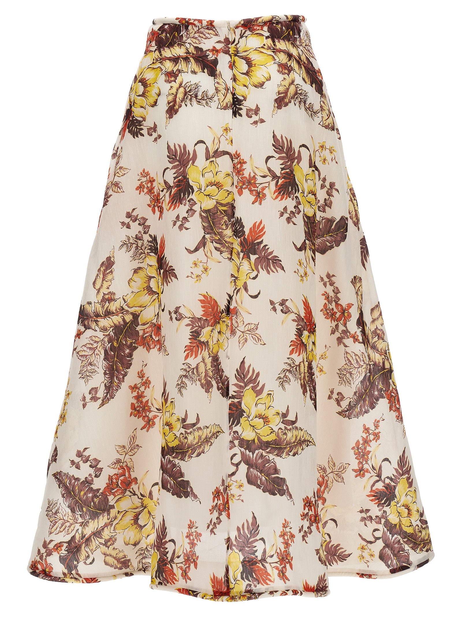 Skirt by Zimmermann for women in linen & silk multicolor, floral & print showcases a sultry silhouette, elegantly defined by its midi and the sophisticated sultry design of the Women's Linen & Silk Midi Skirt.