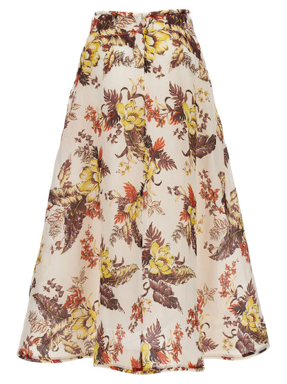 Skirt by Zimmermann for women in linen & silk multicolor, floral & print showcases a sultry silhouette, elegantly defined by its midi and the sophisticated sultry design of the Women's Linen & Silk Midi Skirt.