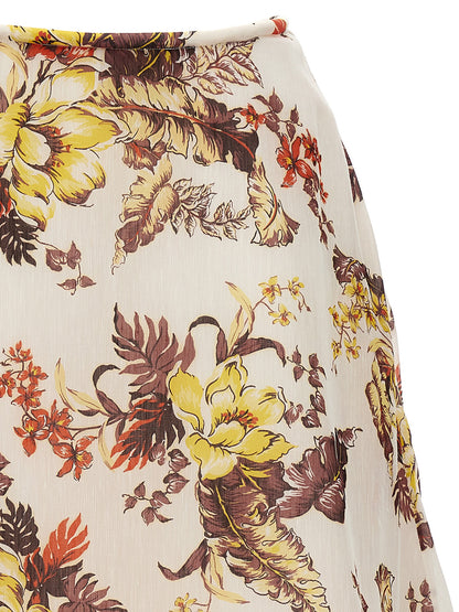 Skirt by Zimmermann for women in linen & silk multicolor, floral & print features a sublime silhouette, showcasing the sublime design of the Women's Linen & Silk Midi Skirt in a sophisticated midi.