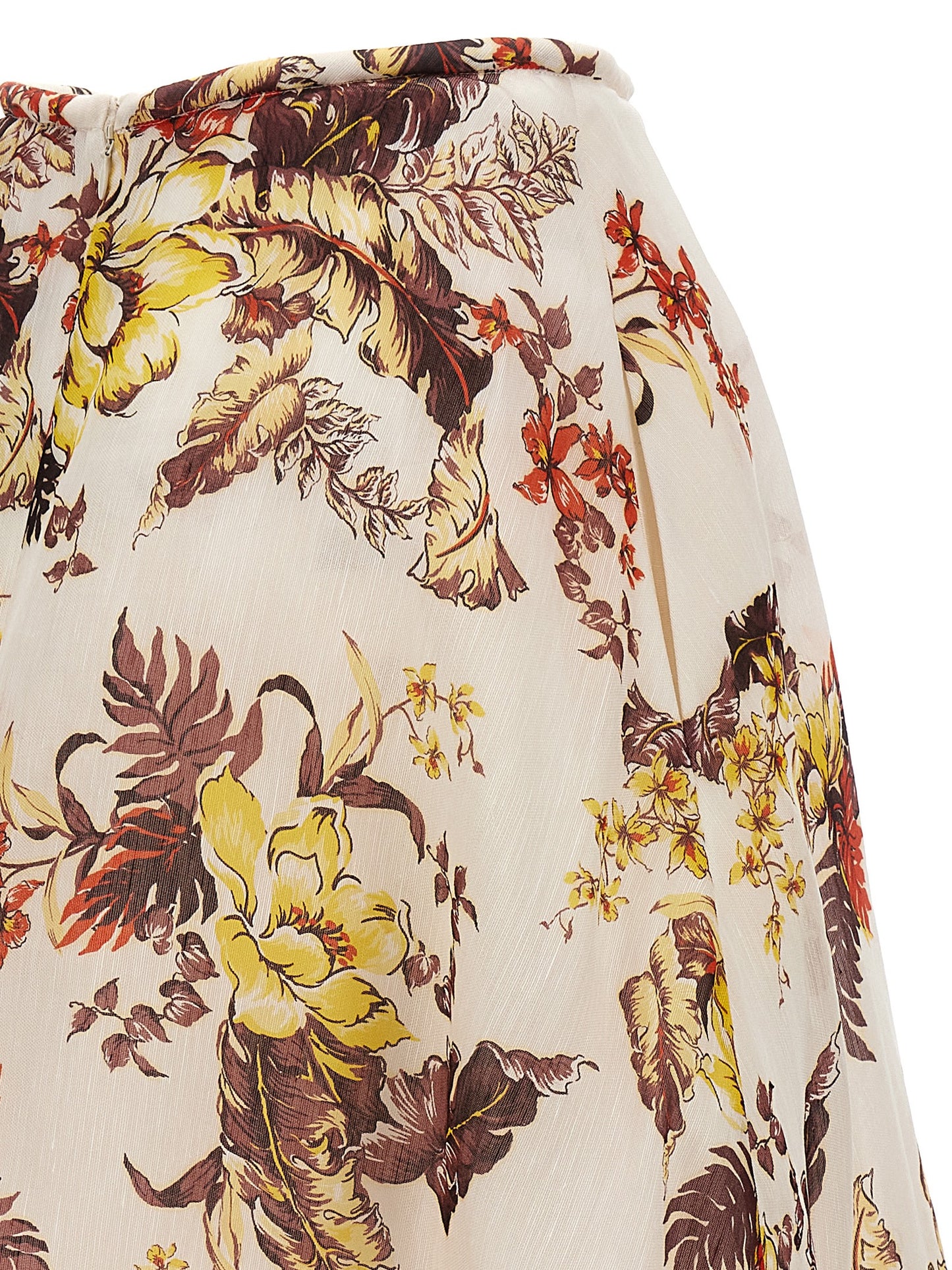 Skirt by Zimmermann for women in linen & silk multicolor, floral & print showcases a sultry silhouette, elegantly defined by its midi and the sophisticated sultry design of the Women's Linen & Silk Midi Skirt.