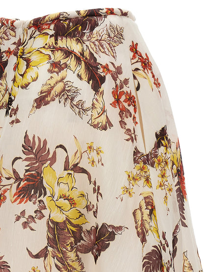 Skirt by Zimmermann for women in linen & silk multicolor, floral & print showcases a sultry silhouette, elegantly defined by its midi and the sophisticated sultry design of the Women's Linen & Silk Midi Skirt.