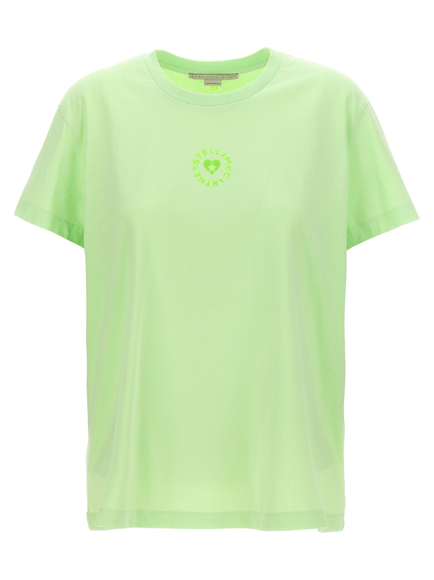 Activewear T-Shirt by Stella McCartney for women in organic cotton bicolour & green presents a kinetic silhouette, showcasing the kinetic short-sleeve and crew neckline alongside functional for a premium, athletic look.