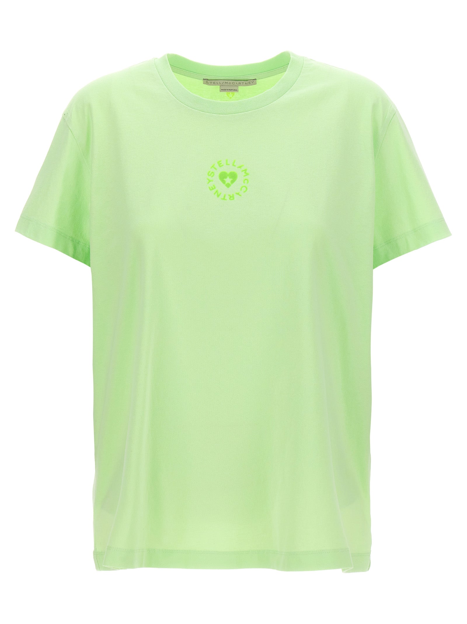 Activewear T-Shirt by Stella McCartney for women in organic cotton bicolour & green presents a kinetic silhouette, showcasing the kinetic short-sleeve and crew neckline alongside functional for a premium, athletic look.