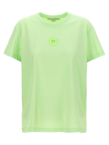 Activewear T-Shirt by Stella McCartney for women in organic cotton bicolour & green presents a kinetic silhouette, showcasing the kinetic short-sleeve and crew neckline alongside functional for a premium, athletic look.