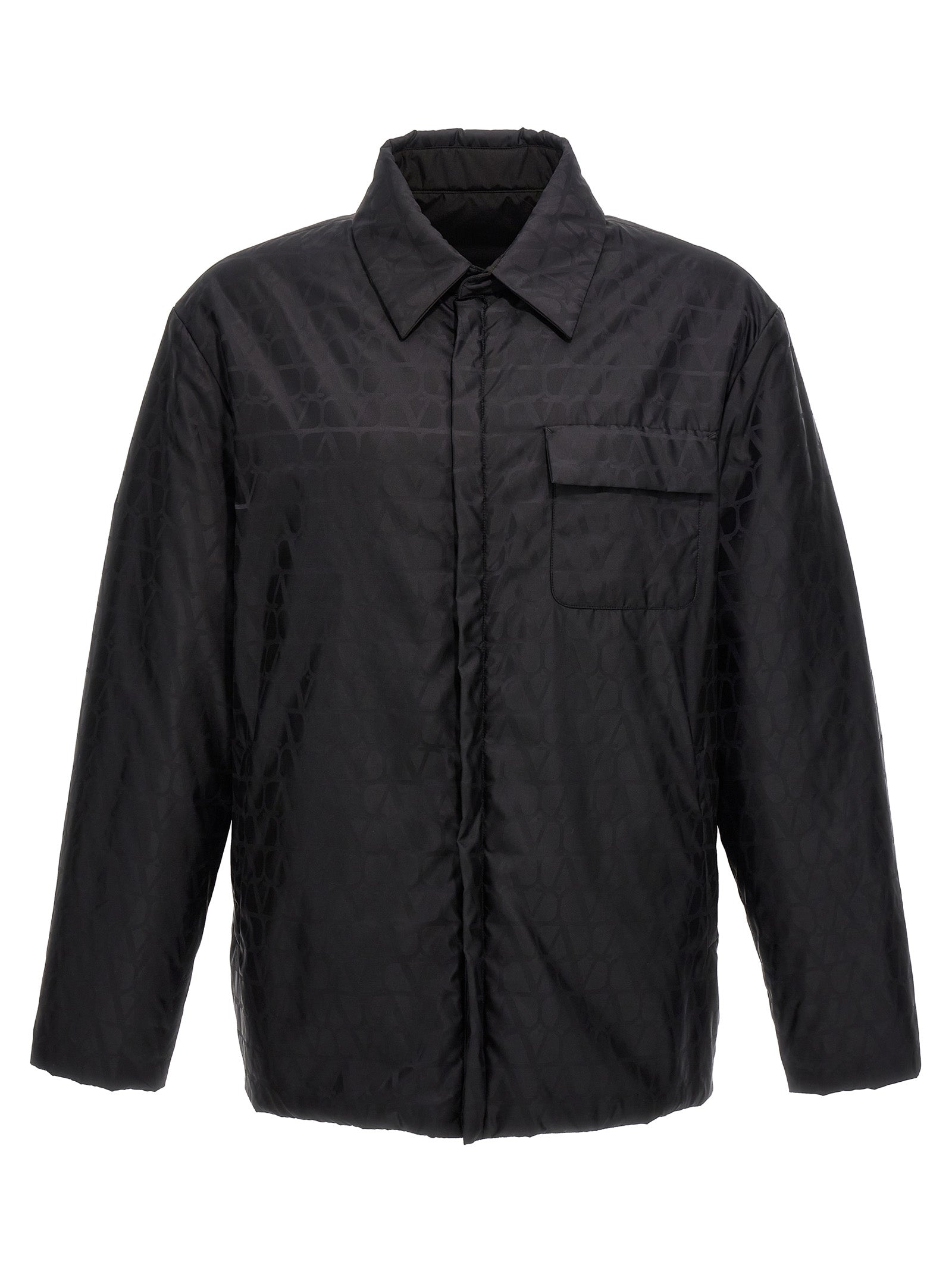 Jacket by Valentino Garavani for men in nylon black, patterned, toile & signature presents a impeccable silhouette, showcasing distinct pockets & insulated and a impeccable for a sophisticated finish.