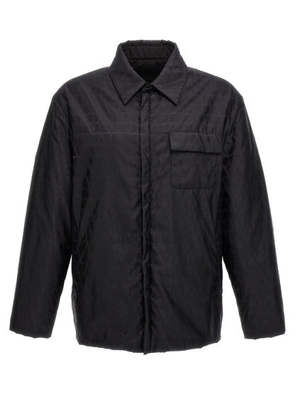 Jacket by Valentino Garavani for men in nylon black, patterned, toile & signature presents a impeccable silhouette, showcasing distinct pockets & insulated and a impeccable for a sophisticated finish.