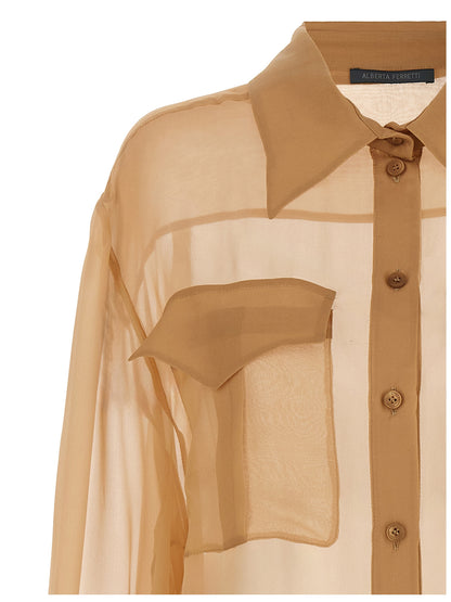 Blouse by Alberta Ferretti for women in silk chiffon beige & transparent showcases a sharp silhouette, elegantly detailed with a sharp and sharp .