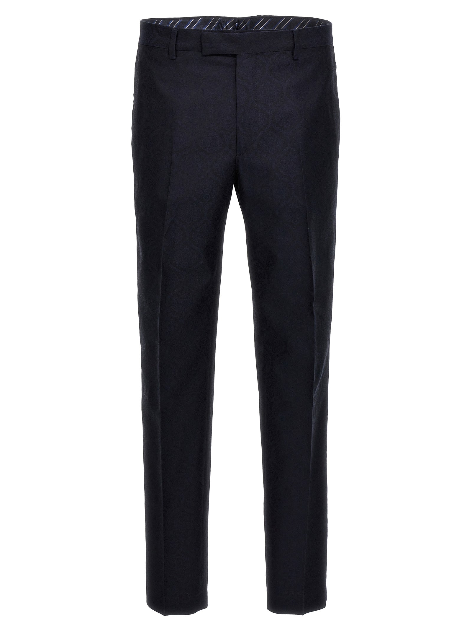 Trousers by Etro for men in wool cotton blue & jacquard features a tailored silhouette with a tailored , defined by its long and a sophisticated .