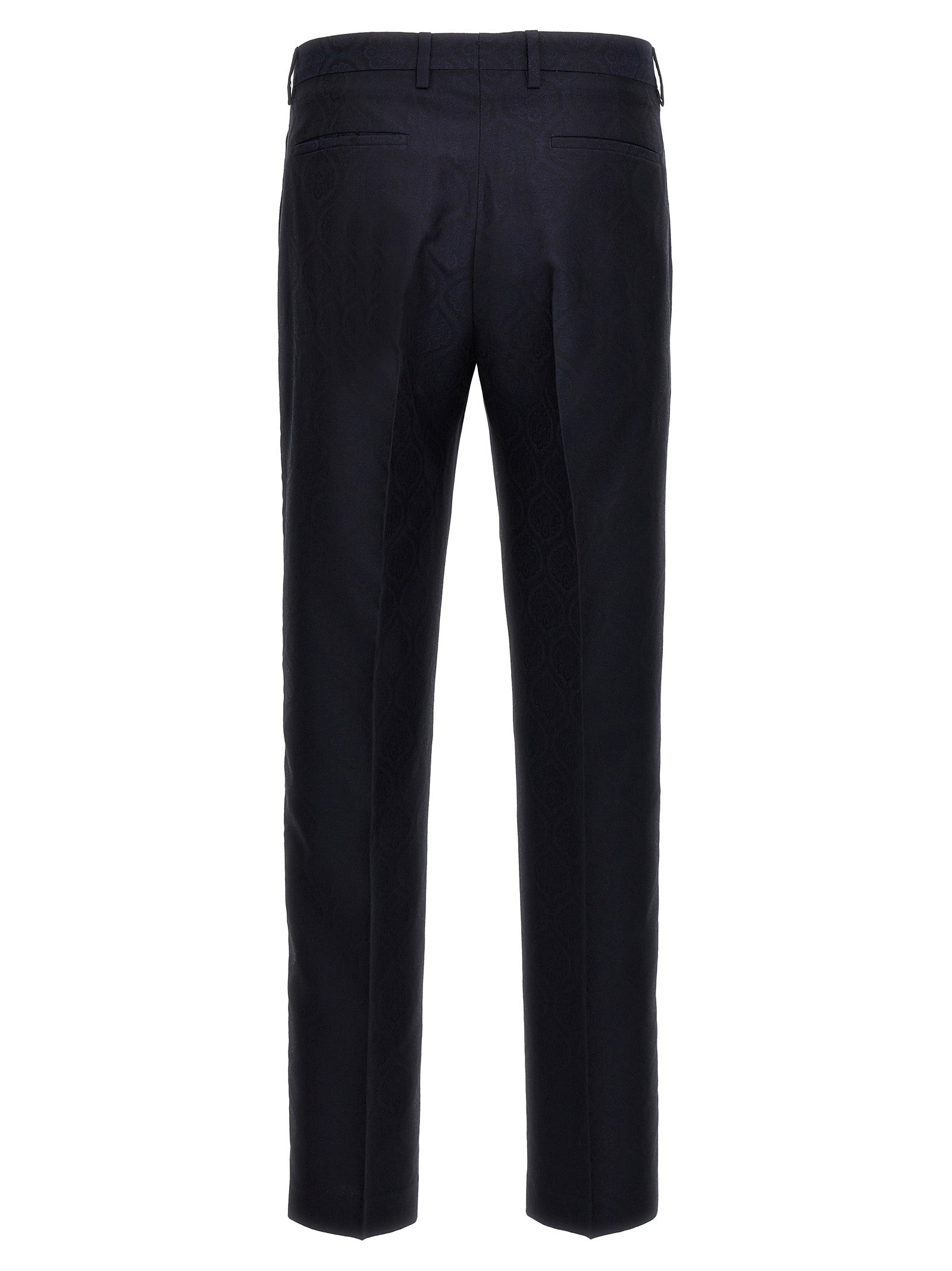 Trousers by Etro for men in wool cotton blue & jacquard presents a perennial silhouette, meticulously tailored with a cut, long finish, and an elegant .