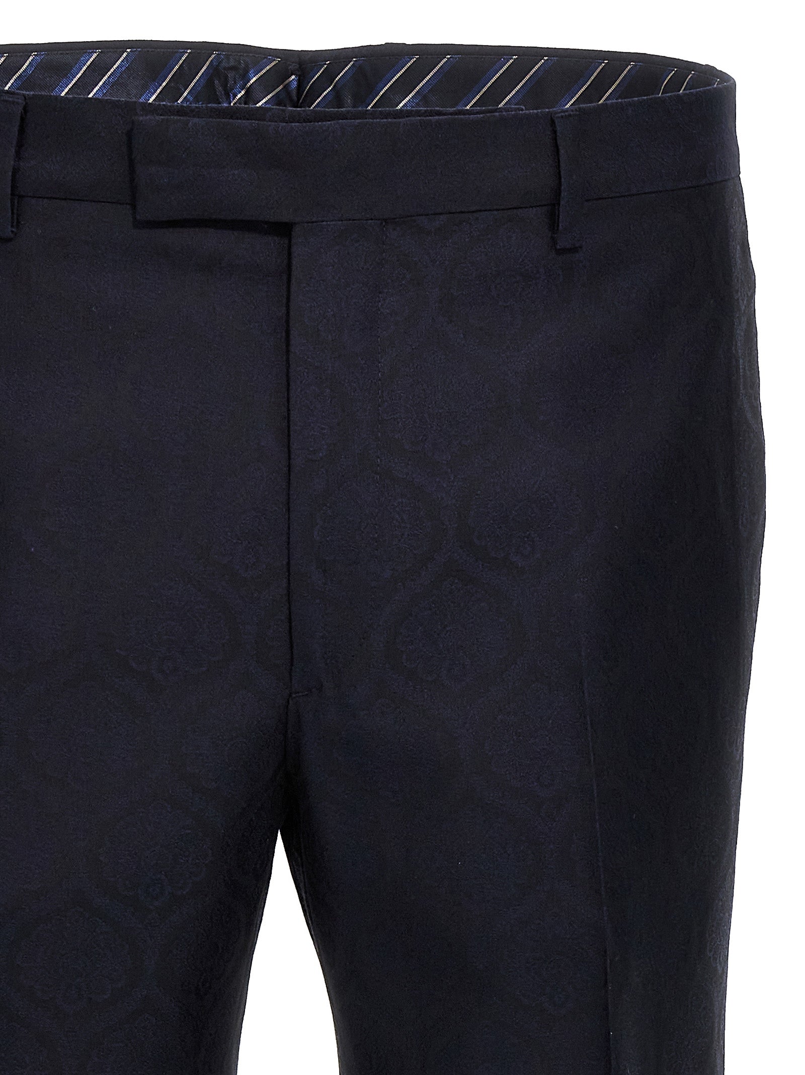 Trousers by Etro for men in wool cotton blue & jacquard features a artisanal silhouette, showcasing a sophisticated with a long and for a artisanal finish.