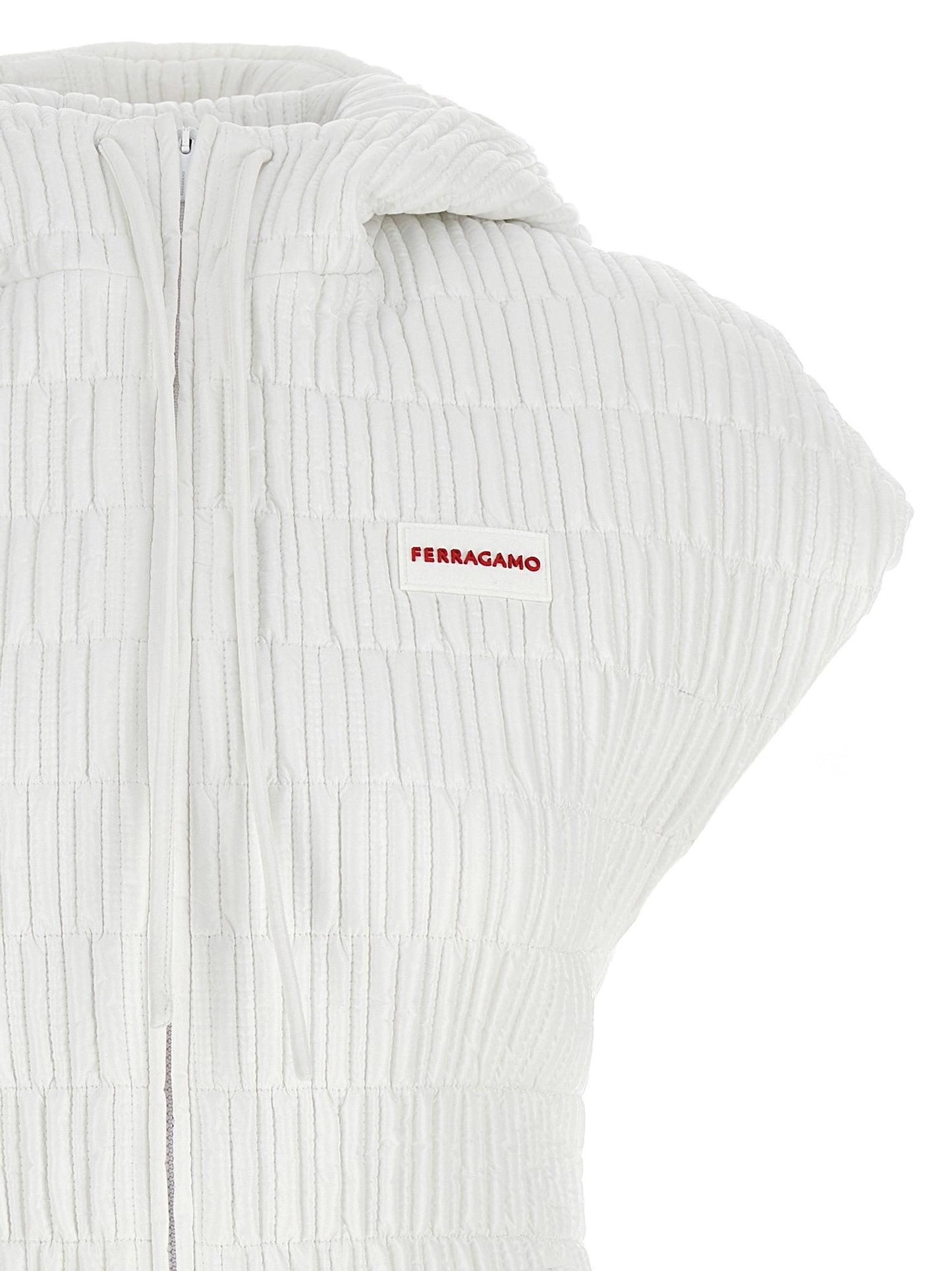 Hooded Vest by Ferragamo for women in polyamide white features an contemporary silhouette, showcasing refined pockets, hooded & insulated and a contemporary hooded neckline for a sophisticated layered look.
