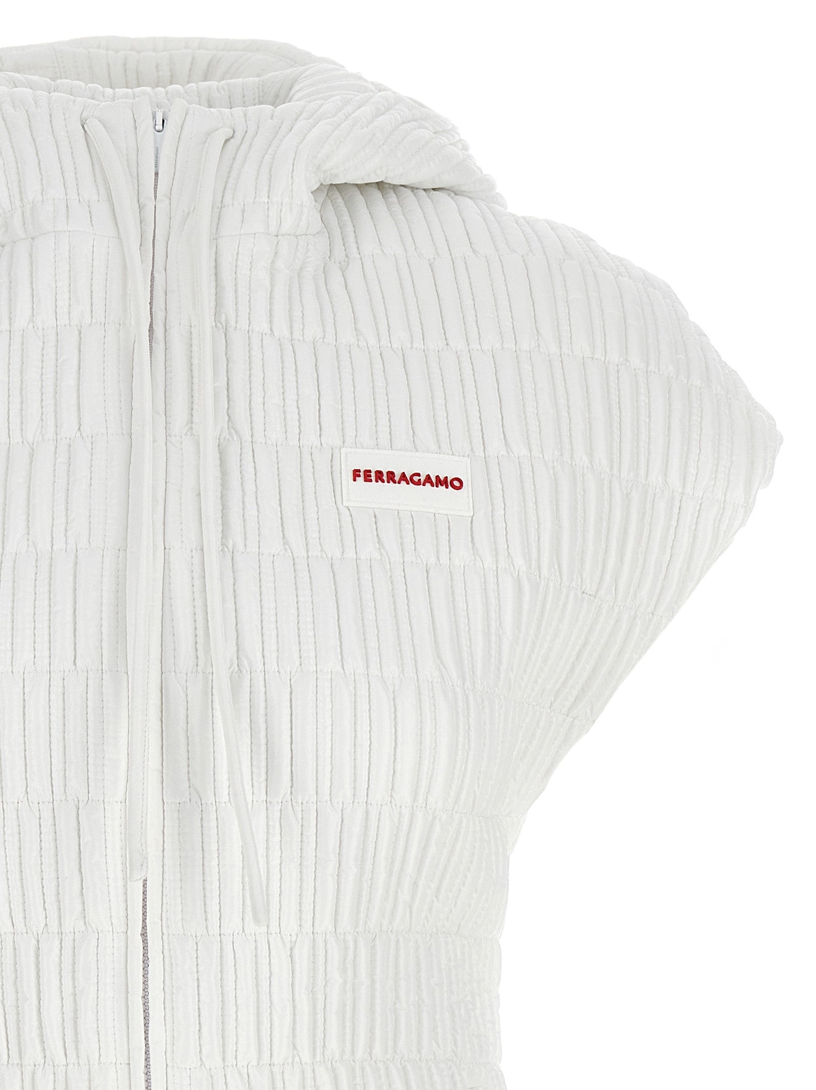 Hooded Vest by Ferragamo for women in polyamide white features an contemporary silhouette, showcasing refined pockets, hooded & insulated and a contemporary hooded neckline for a sophisticated layered look.