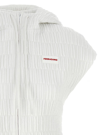 Hooded Vest by Ferragamo for women in polyamide white features an contemporary silhouette, showcasing refined pockets, hooded & insulated and a contemporary hooded neckline for a sophisticated layered look.