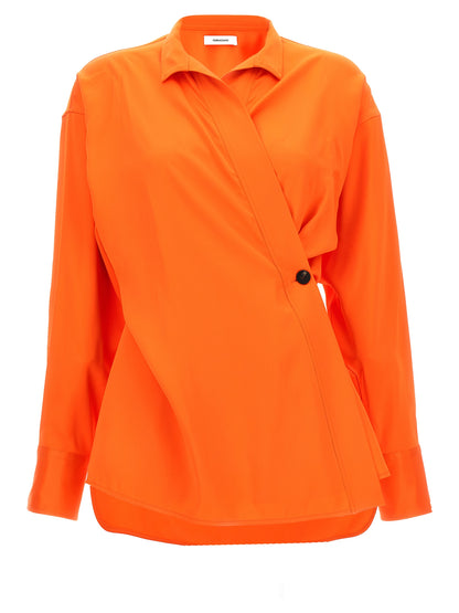 Blouse by Ferragamo for women in viscose satin orange showcases a sharp silhouette, elegantly detailed with a sharp and sharp long-sleeve.
