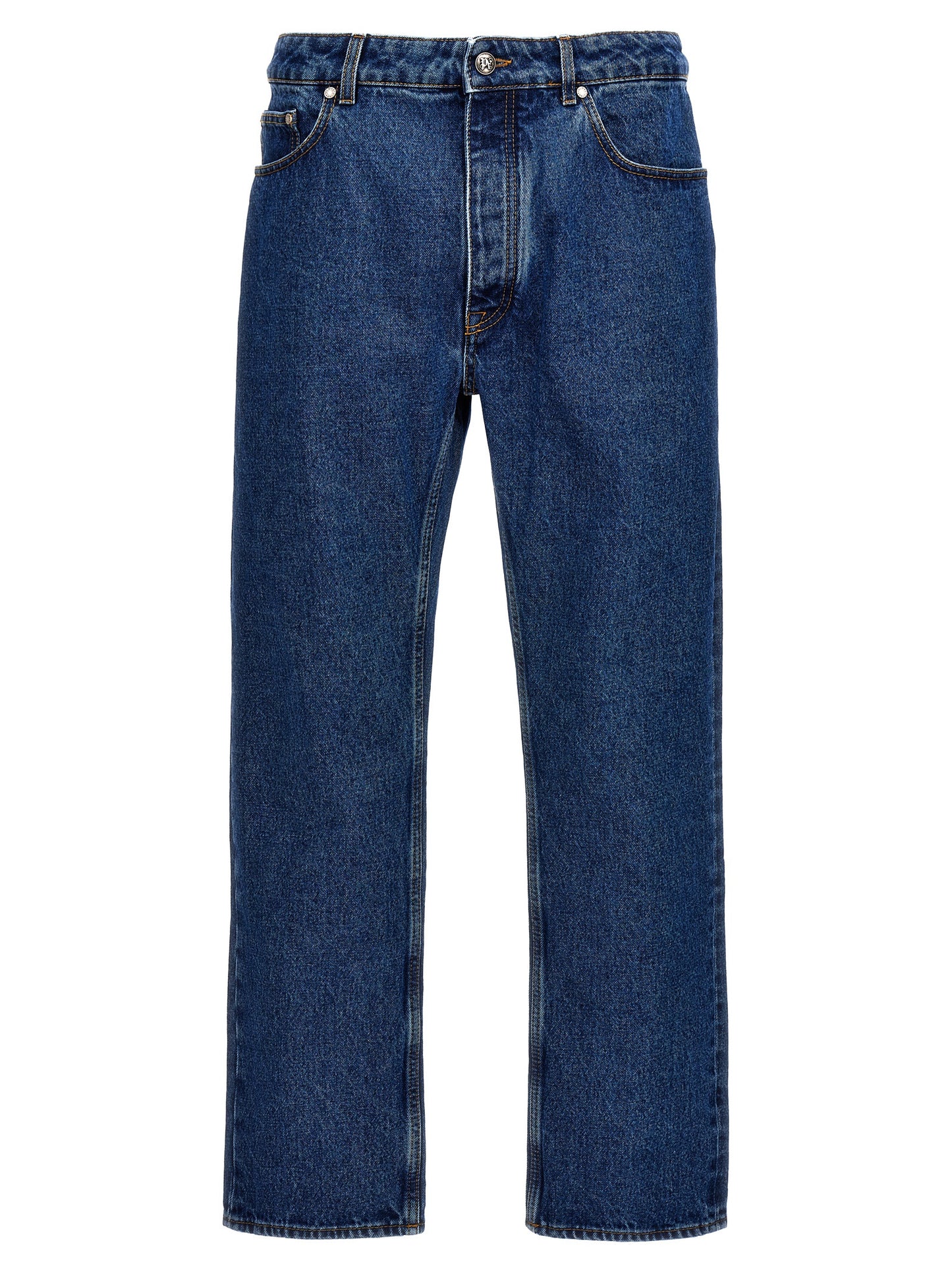 Jeans by Palm Angels for men in denim cotton blue & monogram presents a tailored silhouette, showcasing a tailored straight-leg and long cut with a refined for a truly tailored aesthetic.