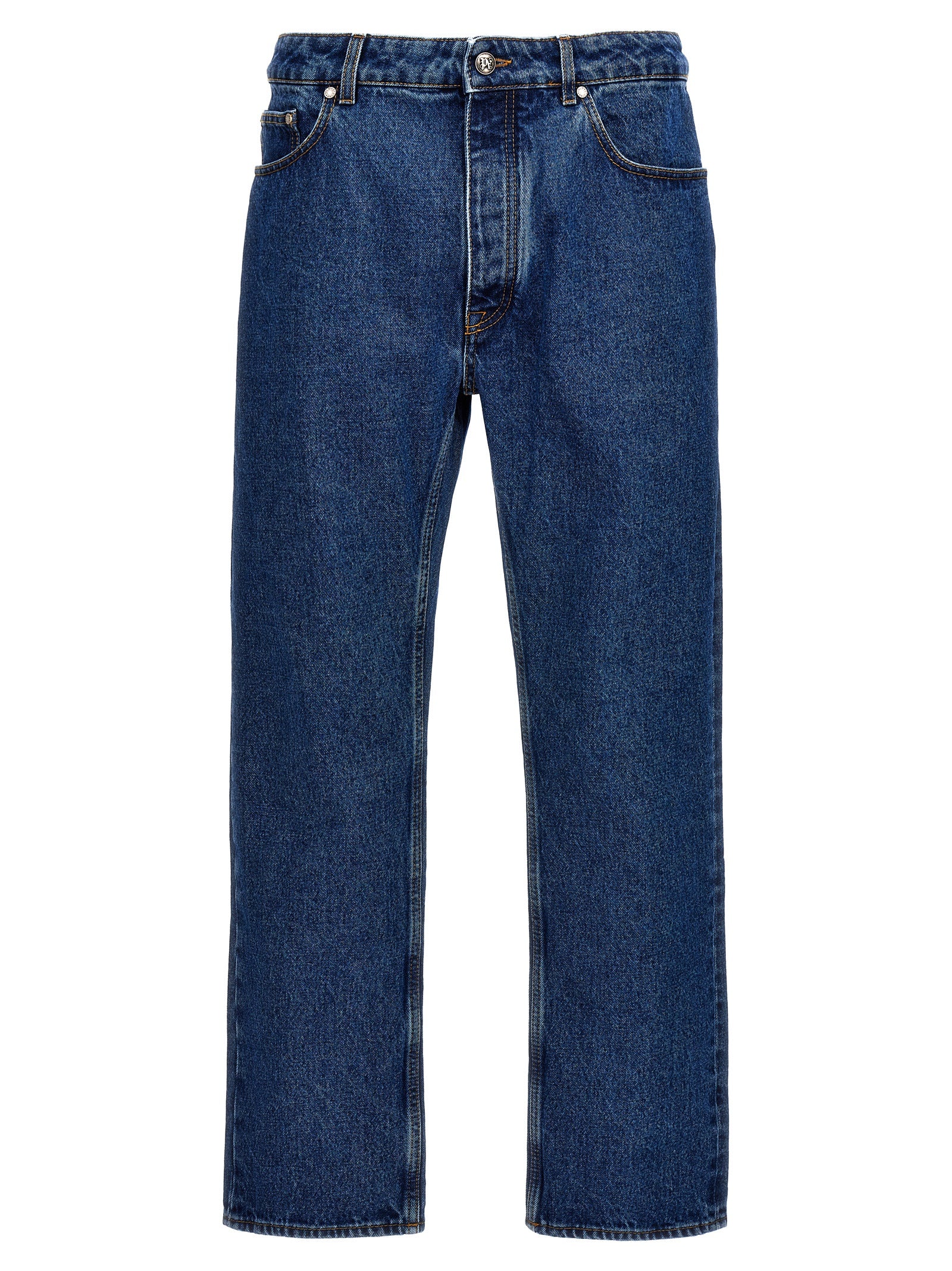 Jeans by Palm Angels for men in denim cotton blue & monogram presents a tailored silhouette, showcasing a tailored straight-leg and long cut with a refined for a truly tailored aesthetic.