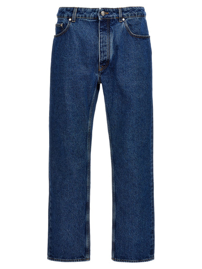 Jeans by Palm Angels for men in denim cotton blue & monogram presents a tailored silhouette, showcasing a tailored straight-leg and long cut with a refined for a truly tailored aesthetic.