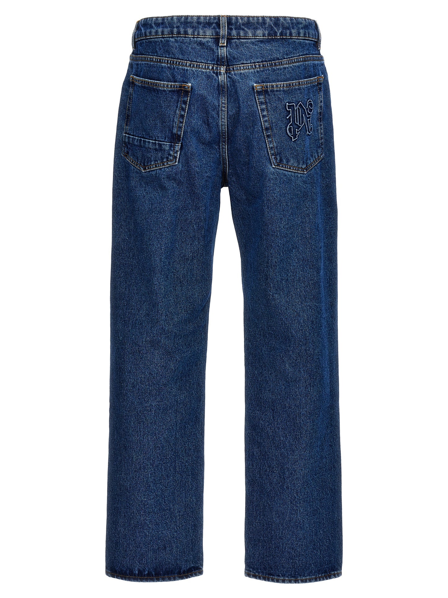 Jeans by Palm Angels for men in denim cotton blue & monogram features an sartorial straight-leg and long with a cut for a sartorial finish.