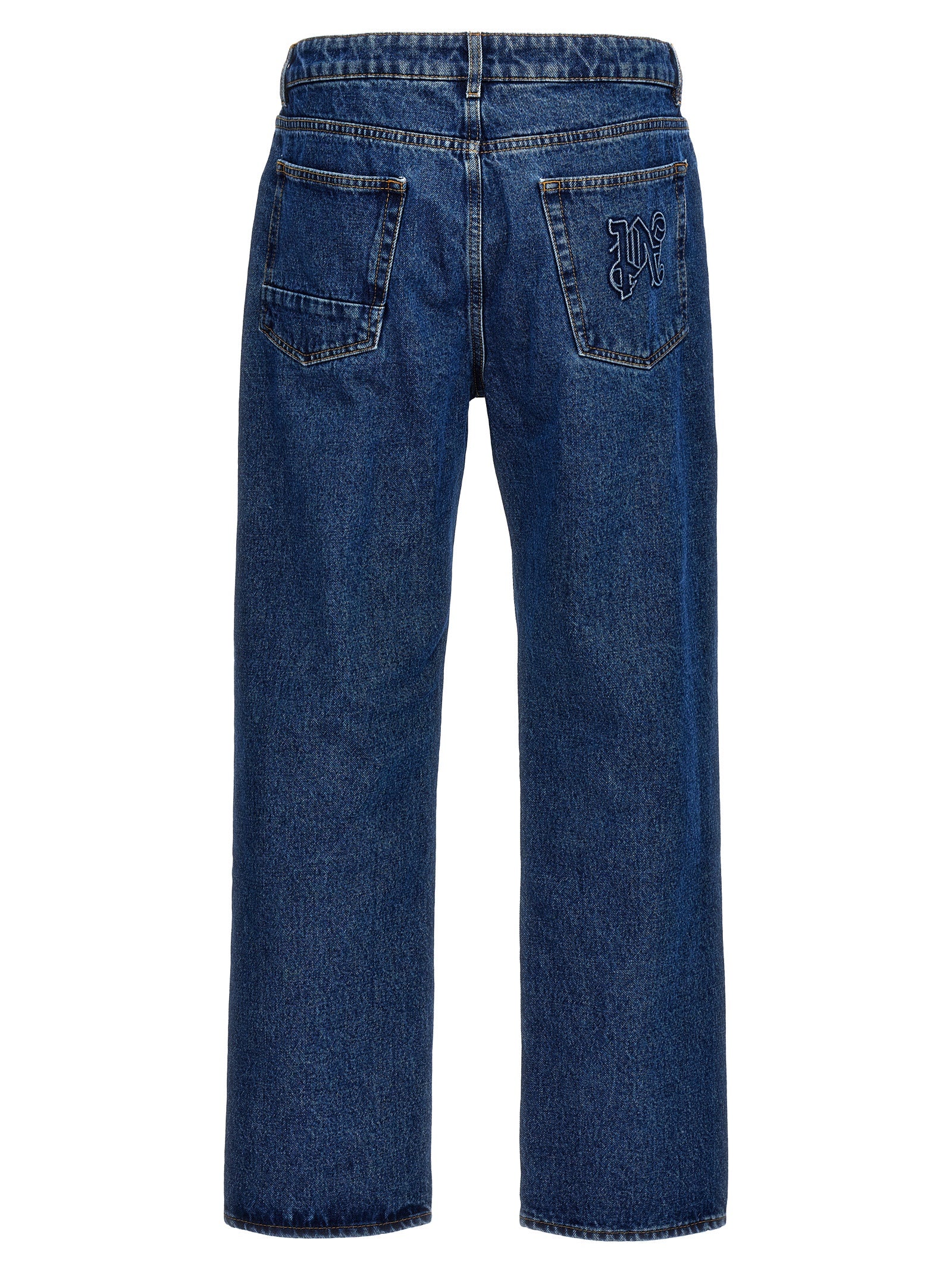 Jeans by Palm Angels for men in denim cotton blue & monogram features an sartorial straight-leg and long with a cut for a sartorial finish.