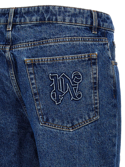 Jeans by Palm Angels for men in denim cotton blue & monogram features an sophisticated and straight-leg with a precise long, creating a sophisticated and sophisticated silhouette.