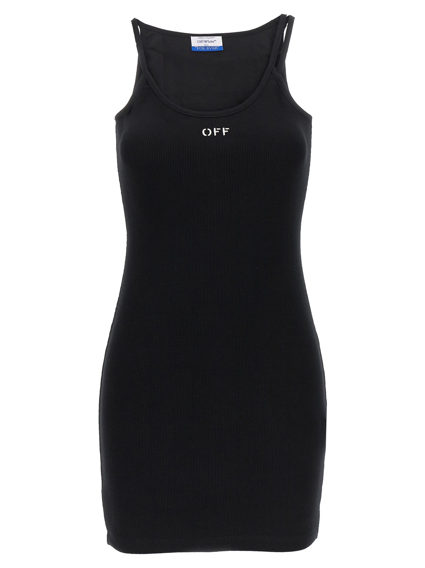 Dress by Off-White for women in stretch cotton black & white features an eye catching silhouette with a sophisticated , elegant , and a refined short mini for a eye catching aesthetic.