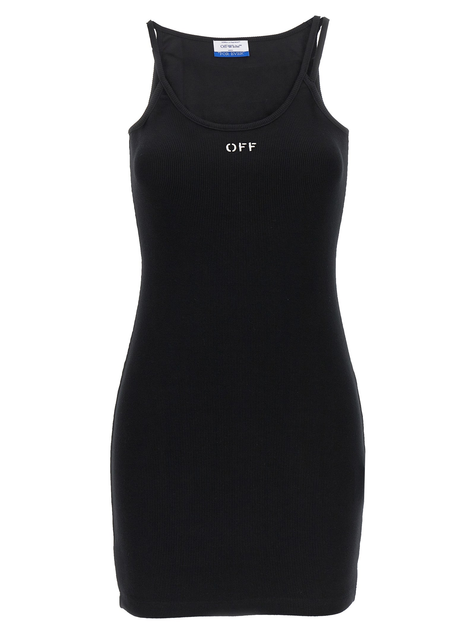 Dress by Off-White for women in stretch cotton black & white features an eye catching silhouette with a sophisticated , elegant , and a refined short mini for a eye catching aesthetic.