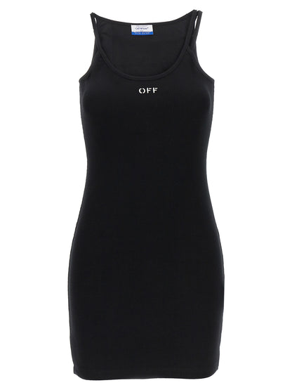 Dress by Off-White for women in stretch cotton black & white features an eye catching silhouette with a sophisticated , elegant , and a refined short mini for a eye catching aesthetic.