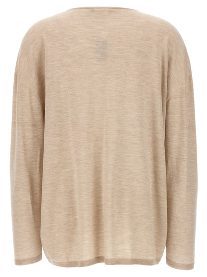 Cardigan by Max Mara for women in cashmere beige features a dramatic silhouette, showcasing a sophisticated v-neck neckline and dramatic detail for a timeless, premium look.
