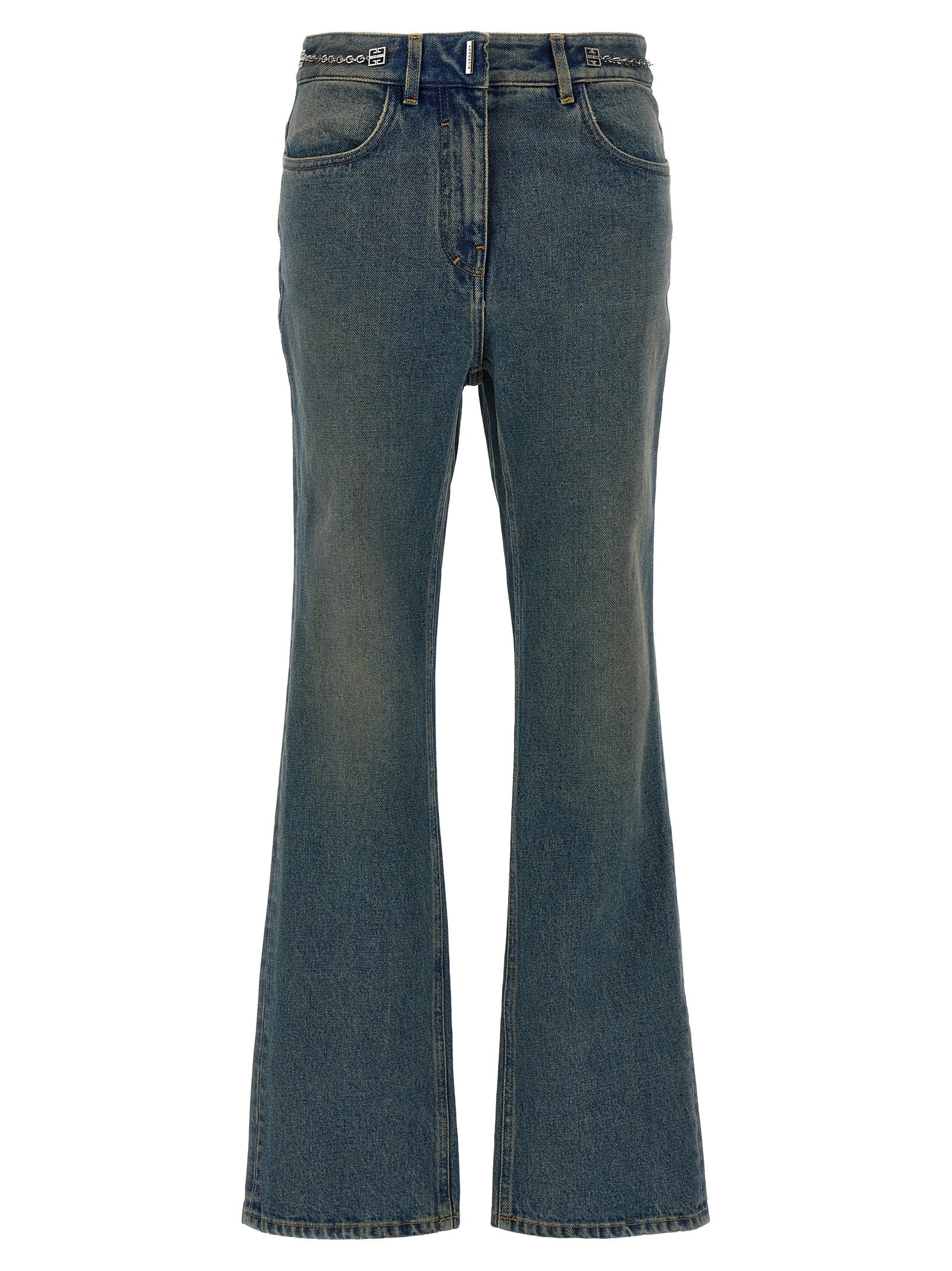 Jeans by Givenchy for women in denim cotton blue presents a tailored silhouette, showcasing a tailored bootcut and long cut with a refined for a truly tailored aesthetic.