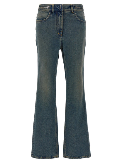 Jeans by Givenchy for women in denim cotton blue presents a tailored silhouette, showcasing a tailored bootcut and long cut with a refined for a truly tailored aesthetic.