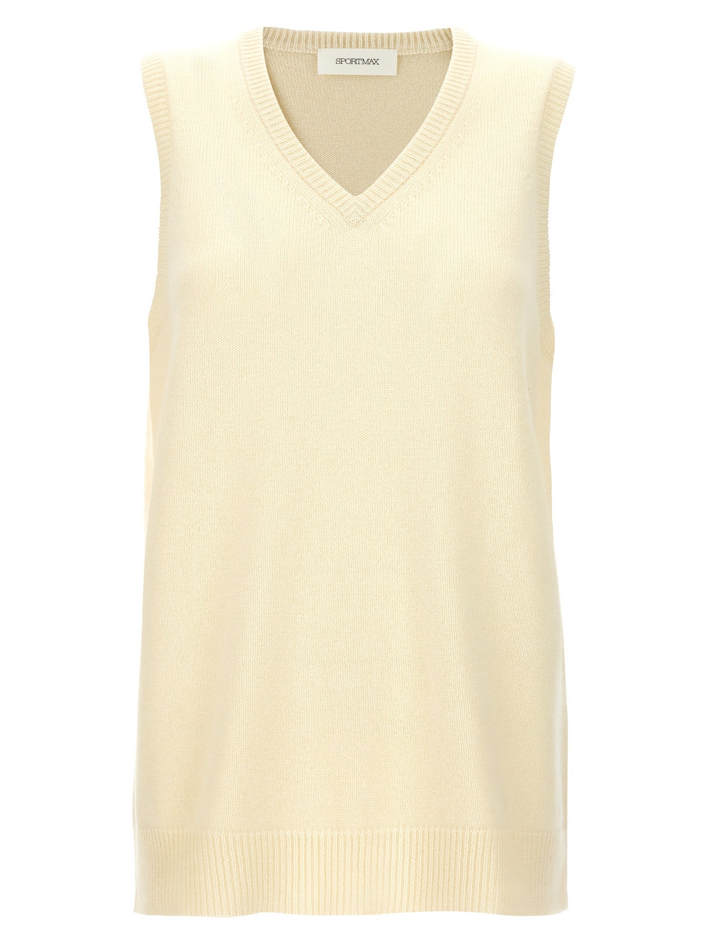 Vest by Sportmax for women in cashmere bicolour & yellow showcases a utilitarian silhouette, artfully incorporating and a utilitarian v-neck neckline for a truly utilitarian finish.