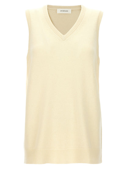 Vest by Sportmax for women in cashmere bicolour & yellow showcases a utilitarian silhouette, artfully incorporating and a utilitarian v-neck neckline for a truly utilitarian finish.