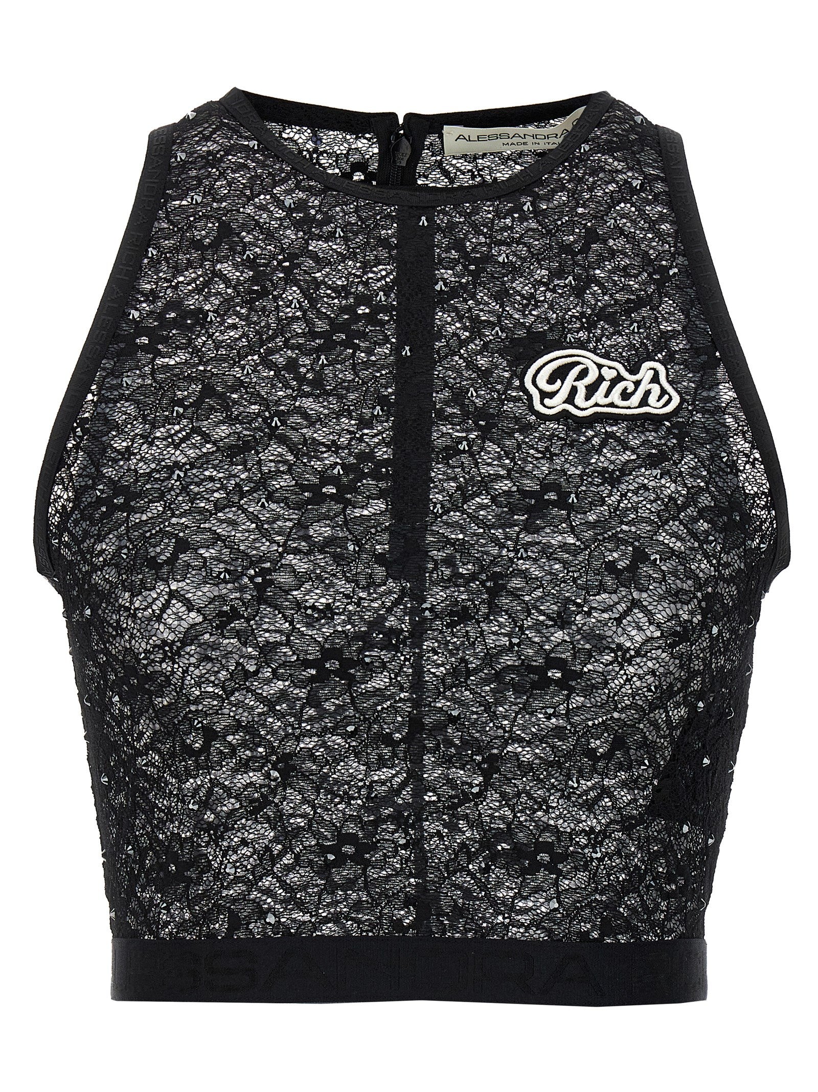T-Shirt by Alessandra Rich for women in stretch polyamide & rhinestones black showcases a chic silhouette, artfully detailed with a chic crew neckline and sleeveless for a chic finish.