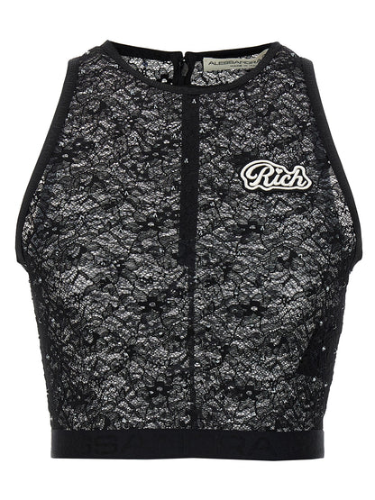 T-Shirt by Alessandra Rich for women in stretch polyamide & rhinestones black showcases a chic silhouette, artfully detailed with a chic crew neckline and sleeveless for a chic finish.