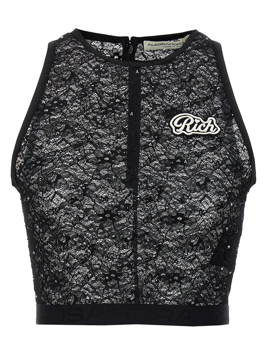 T-Shirt by Alessandra Rich for women in stretch polyamide & rhinestones black showcases a chic silhouette, artfully detailed with a chic crew neckline and sleeveless for a chic finish.