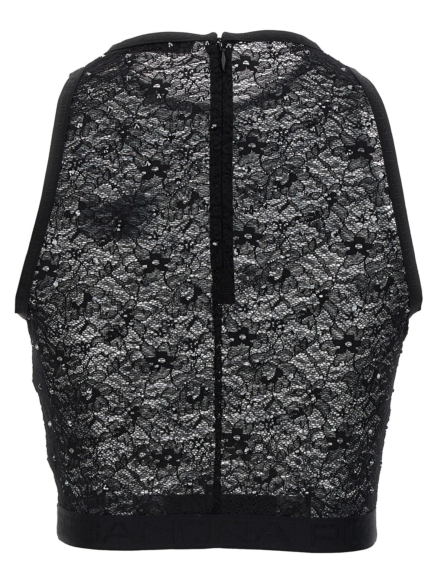 T-Shirt by Alessandra Rich for women in stretch polyamide & rhinestones black showcases a dramatic silhouette, elegantly detailed with a dramatic crew neckline and for a truly dramatic finish.