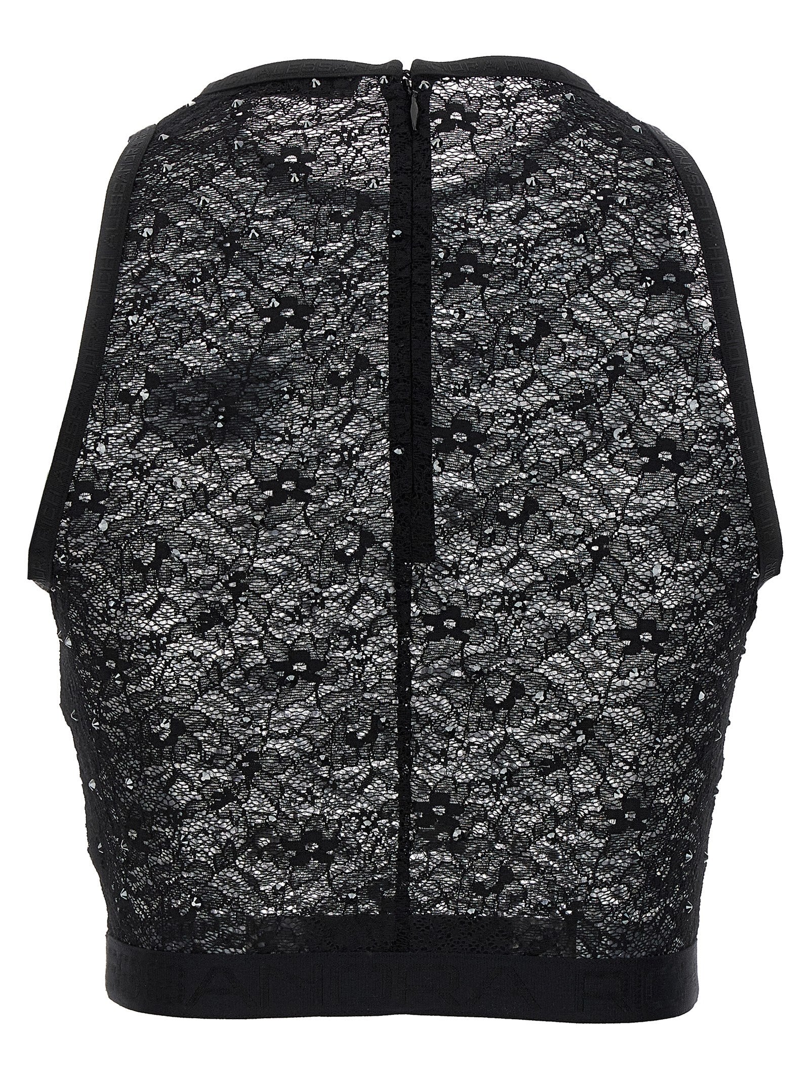T-Shirt by Alessandra Rich for women in stretch polyamide & rhinestones black showcases a dramatic silhouette, elegantly detailed with a dramatic crew neckline and for a truly dramatic finish.