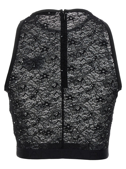 T-Shirt by Alessandra Rich for women in stretch polyamide & rhinestones black showcases a dramatic silhouette, elegantly detailed with a dramatic crew neckline and for a truly dramatic finish.