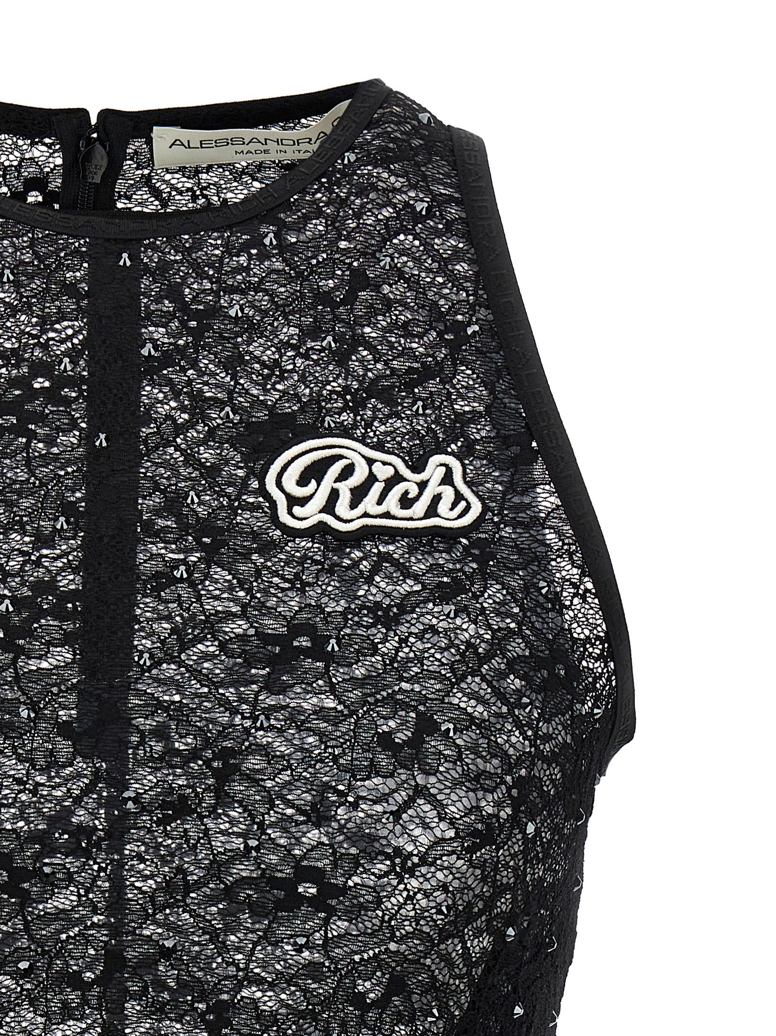 T-Shirt by Alessandra Rich for women in stretch polyamide & rhinestones black features an edgy silhouette, meticulously detailed with a sophisticated and for a truly edgy finish.