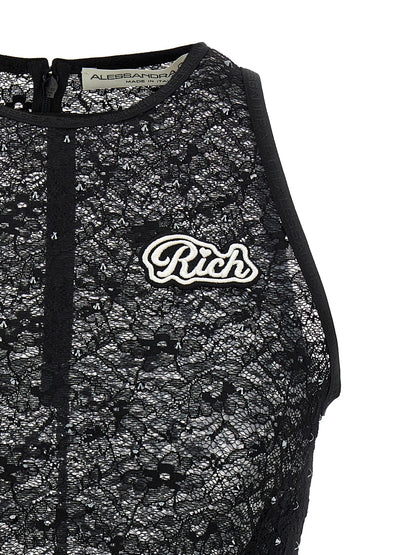 T-Shirt by Alessandra Rich for women in stretch polyamide & rhinestones black features an edgy silhouette, meticulously detailed with a sophisticated and for a truly edgy finish.