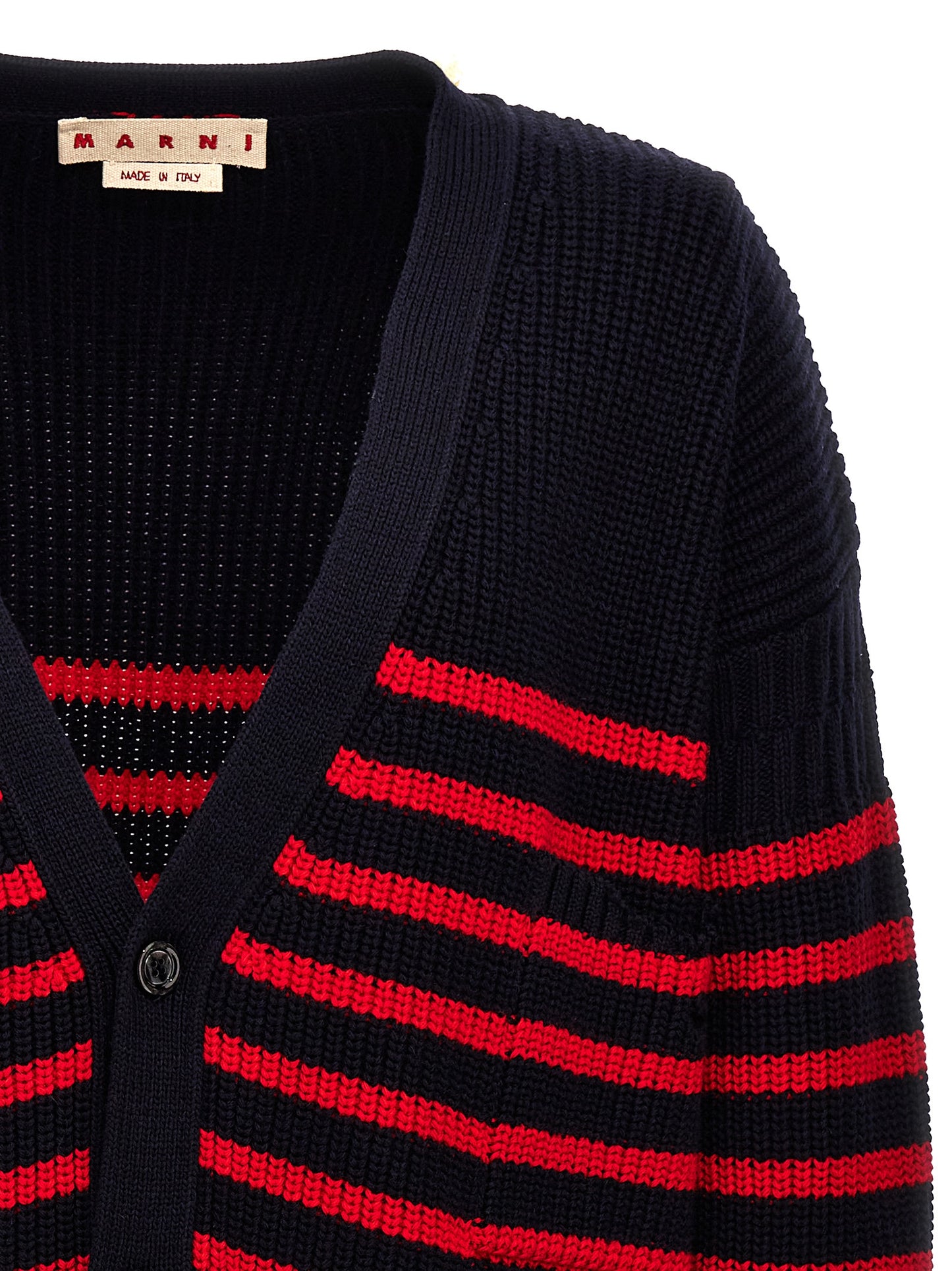Cardigan by Marni for men in virgin wool multicolor & striped presents a textural silhouette, artfully finished with a textural and for a sophisticated, textural look.
