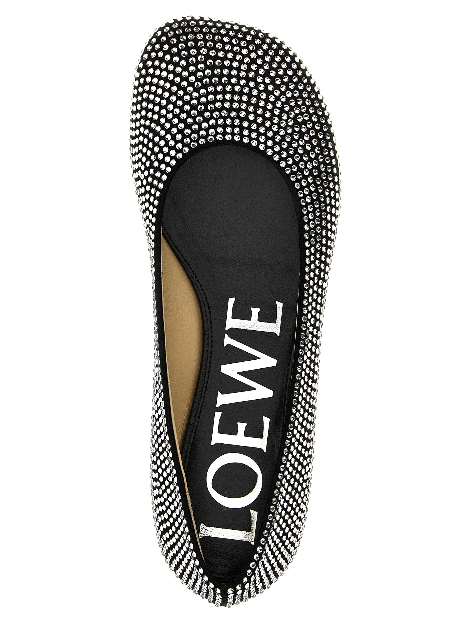 Ballet Flat Shoes by Loewe for women in suede goatskin leather & rhinestone black showcases a resplendent Women's Suede Goatskin Leather & Rhinestone Ballet Flat Shoes aesthetic with a and .