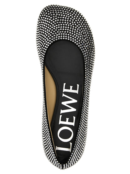 Ballet Flat Shoes by Loewe for women in suede goatskin leather & rhinestone black showcases a resplendent Women's Suede Goatskin Leather & Rhinestone Ballet Flat Shoes aesthetic with a and .