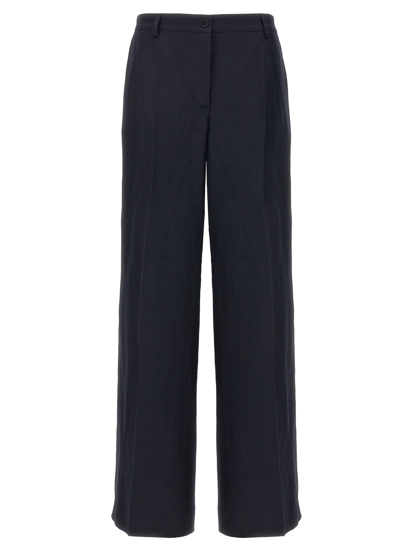Trousers by P.A.R.O.S.H. for women in linen & viscose blue features a sculptural silhouette, showcasing a sculptural straight-leg and long with a sophisticated for a sculptural finish.