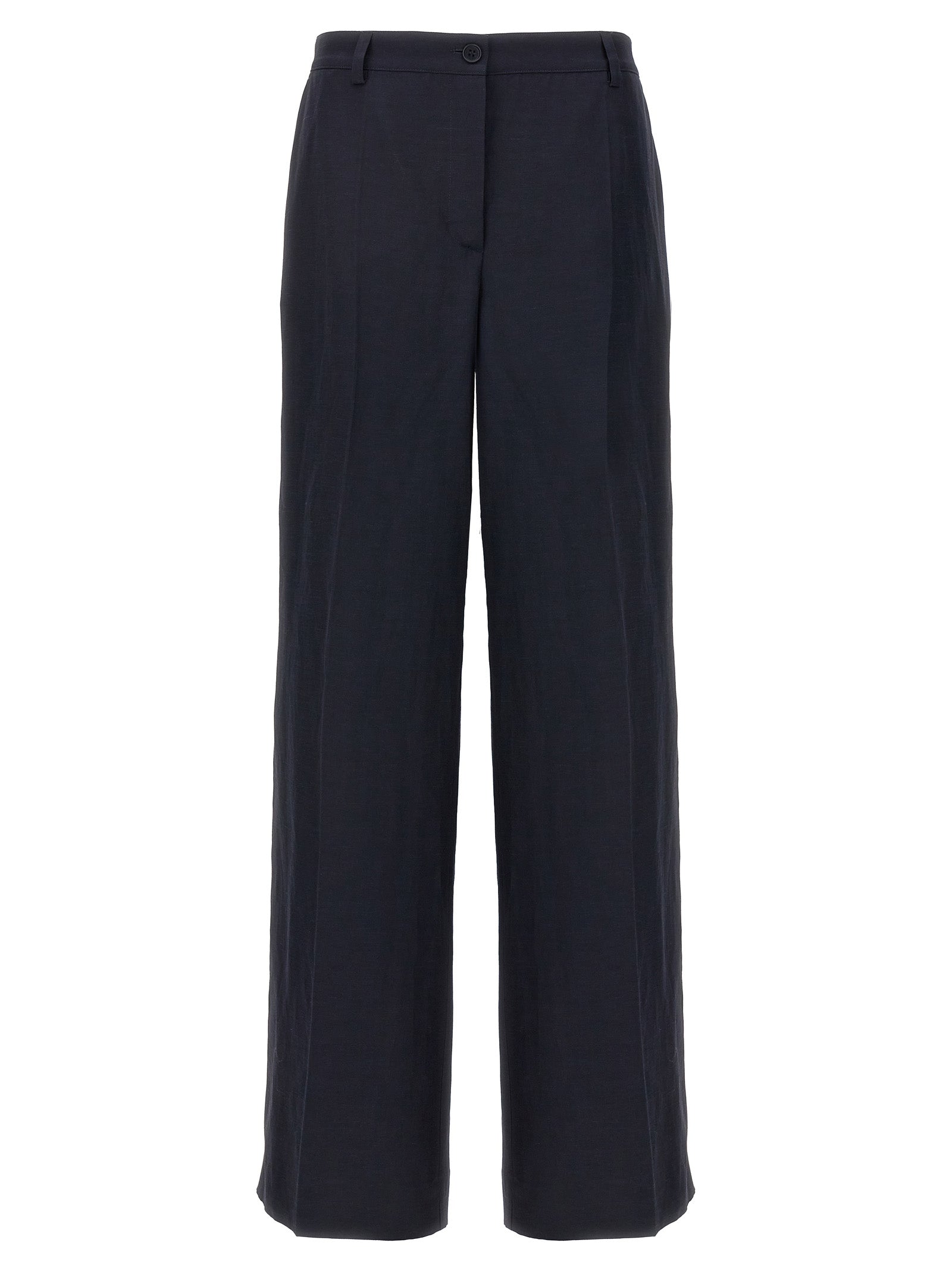 Trousers by P.A.R.O.S.H. for women in linen & viscose blue features a sculptural silhouette, showcasing a sculptural straight-leg and long with a sophisticated for a sculptural finish.
