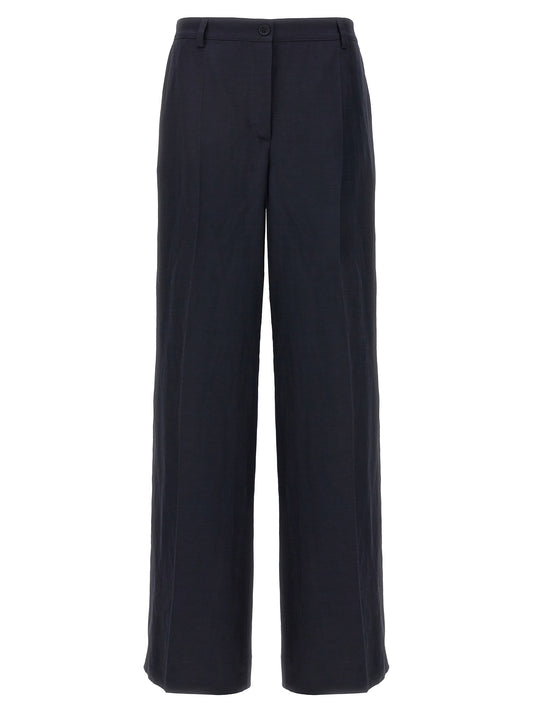 Trousers by P.A.R.O.S.H. for women in linen & viscose blue features a sculptural silhouette, showcasing a sculptural straight-leg and long with a sophisticated for a sculptural finish.